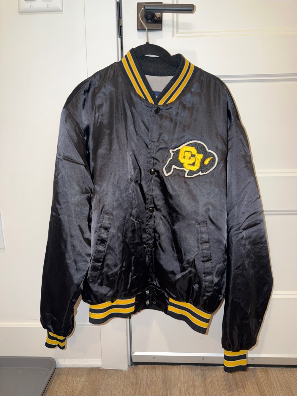 Vintage CU buffalo Black and Yellow Satin Bomber Jacket with CU Patch